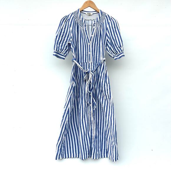 Boden Ada Double Cloth Blue White Stripe Midi Dress Sundress 6 Petite Black Belt - Picture 4 of 10